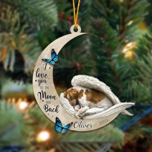 Vista 33 de Adorno colgante personalizado de ángel durmiendo en la luna, perro sabueso afgano, nombre personalizado, acrílico impreso en 2D plano – cumpleaños