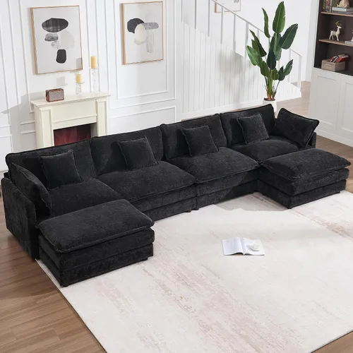 Vista 18 de KIVENJAJA - Sofá modular en forma de U extragrande tipo nube, chenilla moderna de 4 plazas con asiento profundo para sala de estar y oficina, con 2