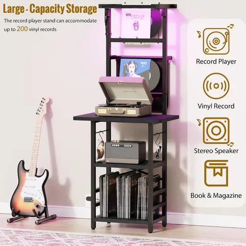 Vista 3 de YAKANJ Soporte para tocadiscos con luz LED, mesa para tocadiscos con almacenamiento de vinilos, soporte para tocadiscos con estante de exhibición