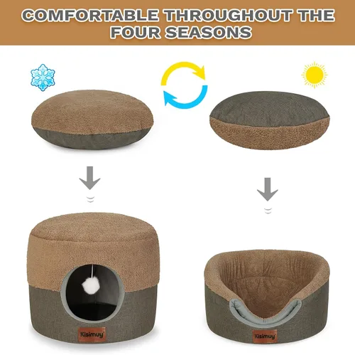 Vista 4 de Cueva de cama para gatos de interior, 2 en 1 plegable para gatos y cama lounge con cojín reversible, casa cerrada calmante y antiansiedad