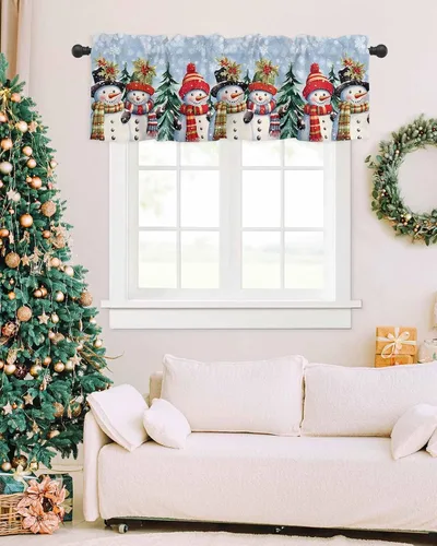 Vista 5 de Cenefa de Navidad para ventanas, cortinas de muñeco de nieve, cenefas con bolsillo para barra, tratamientos de ventana, cortinas cortas azules