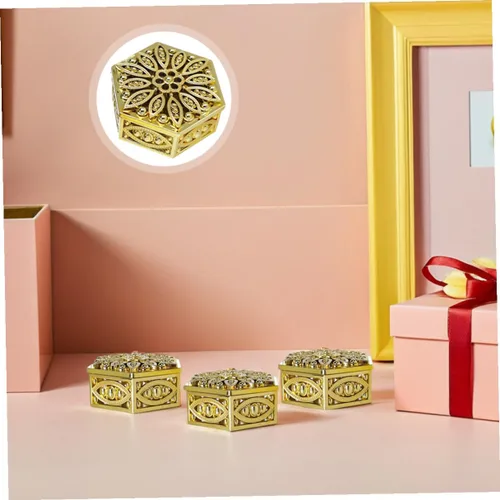 Vista 9 de Garneck 12 cajas de dulces hexagonales huecas clásicas doradas hexagonales caladas, caja de plástico para baratijas, cajas de regalo pequeñas
