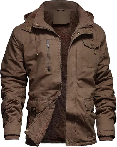 Vista 11 de Chaqueta de invierno para hombre, chaqueta militar, chaqueta tipo cargo con forro polar, chaqueta cálida con capucha desmontable, chaqueta