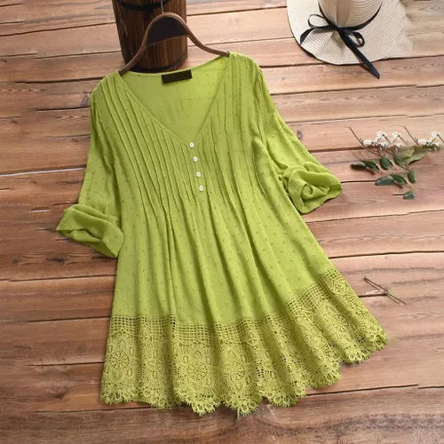 Vista 2 de Camisa de gran tamaño con botones para mujer, a rayas, de manga larga, de algodón, lino, estilo casual, túnica