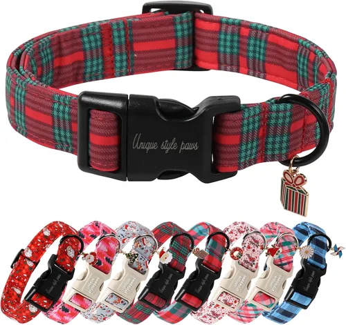 Vista 30 de Collar de perro de Navidad de Unique Style Paws con hebilla de plástico y colgante, a cuadros rojo y negro, collares de algodón para cachorros