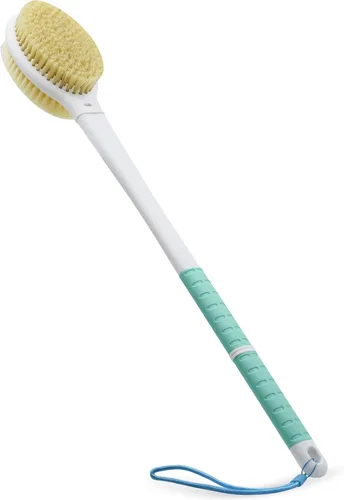 Vista 9 de Cepillo de ducha con cerdas suaves y rígidas, mango largo de 18.5" de doble cara, cepillo de baño para la espalda, exfoliador corporal para Azul