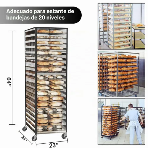 Vista 2 de Cubierta comercial para estante de pan con cremallera, cubierta de estante de sartén de 20 niveles con rejillas de ventilación, 23 x 28 x 64