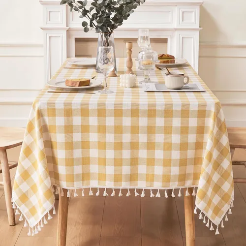 Vista 23 de JIALE - Mantel cuadrado de lino de algodón de cuadros Gingham con borlas, lavable, sin arrugas, mantel a cuadros de búfalo para fiesta al aire Beige