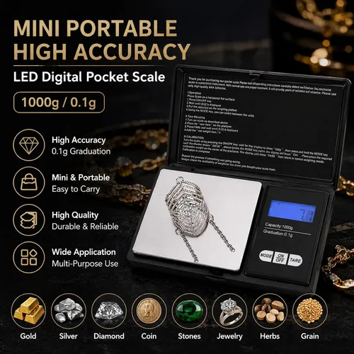 Vista 2 de Sanpyl Mini escala digital portátil LED, 35.27 oz/0.00 oz, negro y plata, joyería