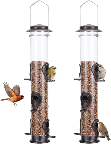 Vista 17 de MIXXIDEA 1PK Alimentadores de pájaros metálicos con 6 puertos de alimentación, alimentador de pájaros de tubo con colgador de acero, alimentador