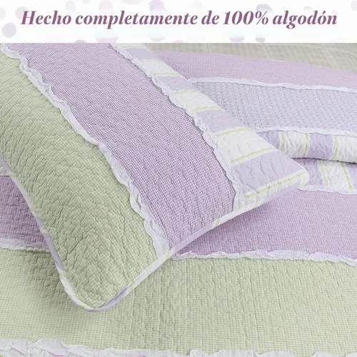 Vista 2 de Cozy Line - Juego de edredón de rayas verdes lavanda y puntos morados, 2 piezas, 100% algodón, reversible, para todas las estaciones, con fundas