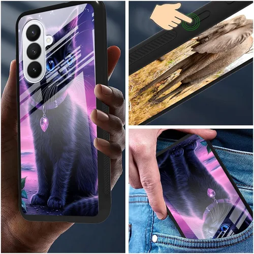 Vista 3 de for Samsung Galaxy A17 5G Phone Case 6.7" with Screen Protector Slim Tempered Glass Back Cover A Purple Cat Design Shockproof Protective Case for
