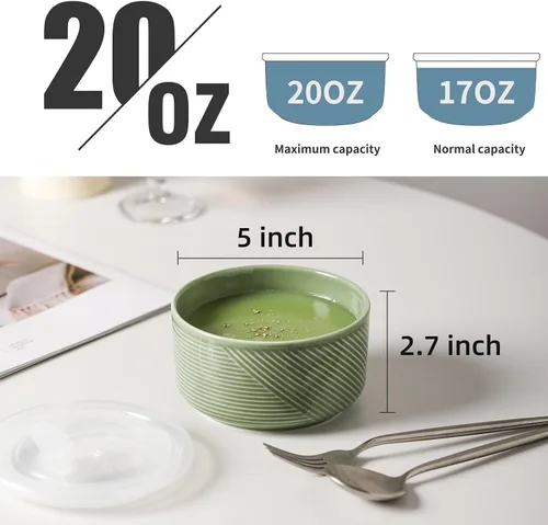 Vista 5 de Recipiente de cerámica con tapa: recipiente de almacenamiento de alimentos apto para microondas de 20 onzas para sopa, ensalada, cereales, sobras