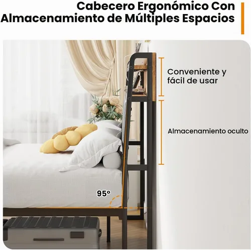 Vista 6 de Winkalon Marco de cama LED completo con cabecero, base de cama con estación de carga, marco de cama de plataforma de metal, tamaño matrimonial,