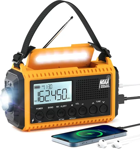 Vista 10 de Eoxsmile NOAA - Radio meteorológica de 12000 mAh, radio de emergencia con manivela manual, solar, funciona con pilas, radio portátil de onda corta