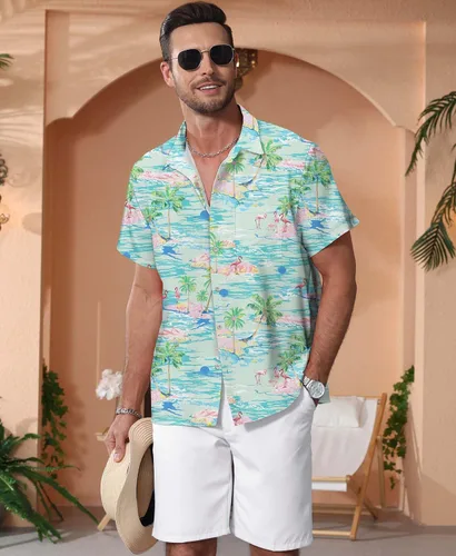 Vista 13 de KYKU - Camisa hawaiana funky para hombre, ropa tropical para vacaciones en Palm Beach