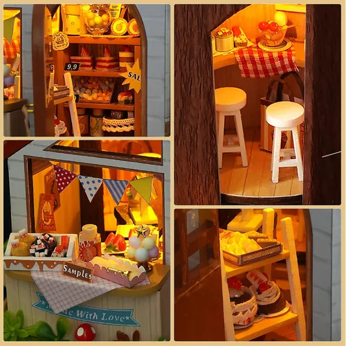 Vista 4 de Kit de casa en miniatura, kits de casa de muñecas con luces y cubierta antipolvo, kit de manualidades creativo con panadería de dos pisos y sótano