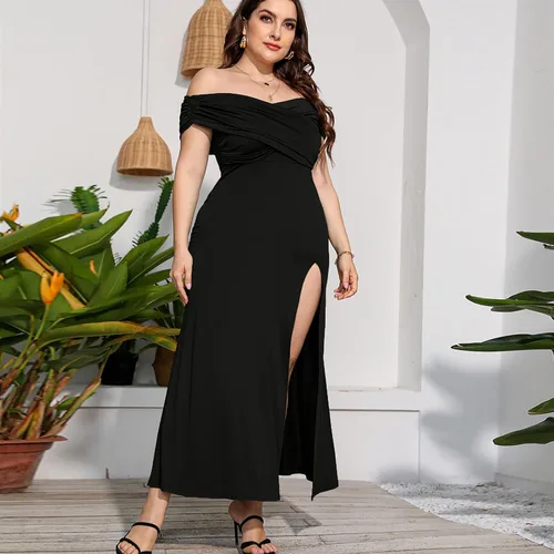 Vista 7 de Cocktail Dresses for Women Evening Party - Plus Size Off Shoulder Leg Split Dress Solid Elegant Maxi Long Dress Black
