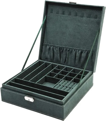 Vista 2 de Joyero de terciopelo verde con cerradura para mujeres y hombres caja de almacenamiento con 2 capas para aretes pulseras collares anillos 105 x 105 x