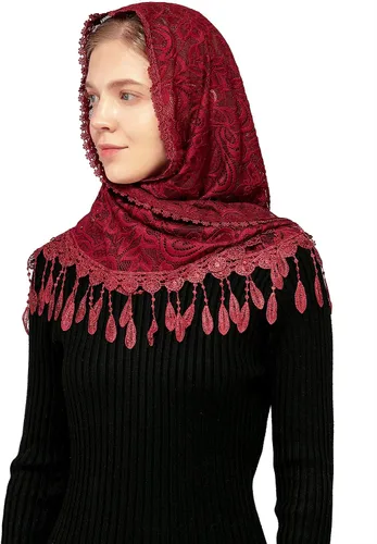 Vista 4 de Wgior Triángulo Flor Capilla Velos Católicos Latino Masa Cabeza Cubierta de Encaje Bufanda Mantilla Velos para Iglesia