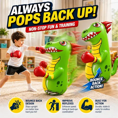 Vista 3 de Saco de boxeo inflable para niños, juguete de boxeo inflable Bop Bag - Dinosaurio inflable con movimiento instantáneo de rebote hacia atrás - El