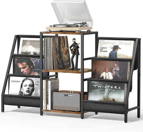 Vista 10 de Bikoney Soporte para Tocadiscos, Soporte para Tocadiscos con Almacenamiento de Discos de Vinilo de 3 Niveles, Mesa para Tocadiscos de Hasta 200