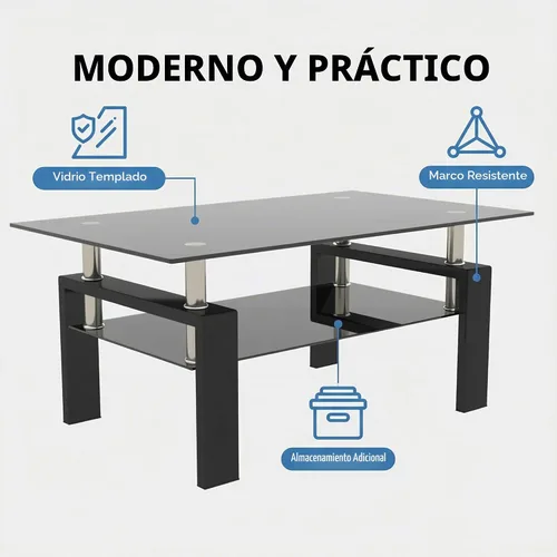 Vista 4 de Mesa de centro de vidrio rectangular Meihua de 2 niveles, mesa de té moderna, mesa auxiliar de café para sala de estar (todo negro)