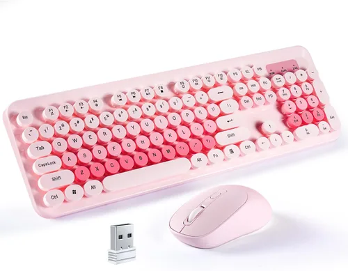 Vista 8 de Combo de teclado y mouse inalámbricos, 104 teclas redondas, teclado y mouse coloridos de tamaño completo con receptor USB de 2.4 GHz