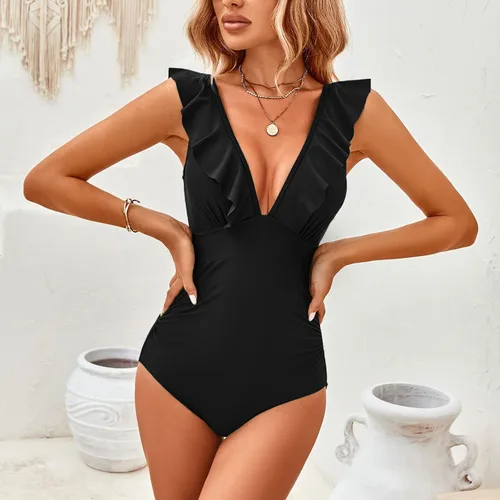 Vista 3 de TcIFE Traje de baño de una pieza para mujer, con control de abdomen, volantes, cuello en V, push up, monokinis