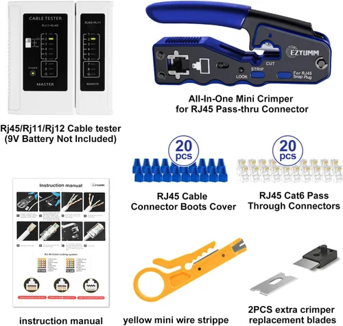 Vista 2 de Kit de herramientas de crimpado RJ45, crimpadora Ethernet de paso, kit de herramientas de crimpado Ethernet profesional, herramienta de crimpado