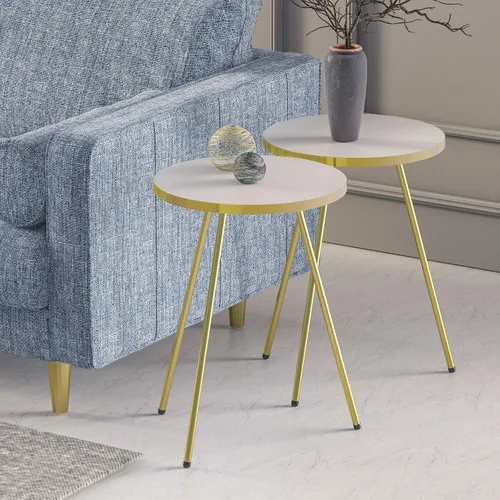 Vista 6 de Juego de 2 mesas auxiliares redondas de madera con aspecto de mármol, mesa auxiliar anidable para espacios pequeños, mesita de noche, mesa de noche