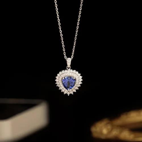 Vista 3 de Collar Heart of the Ocean Colgante de zafiro azul y moissanita cultivado en laboratorio, plata de ley 925 chapada en oro blanco de 18 quilates