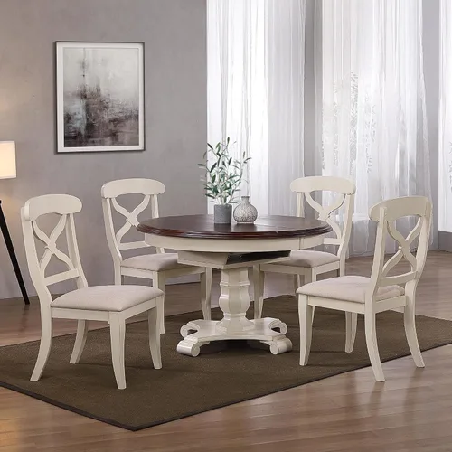 Vista 2 de Sunset Trading DLUADWTPB4866AWTB(4) DLUADWC12AWRTA - Juego de comedor de 5 piezas Andrews con hojas de mariposa, color blanco antiguo