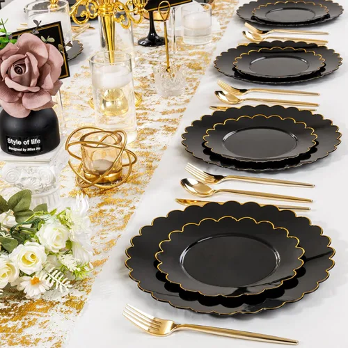 Vista 4 de SUT 72 platos negros, platos de plástico negro con borde dorado, platos desechables resistentes, platos llanos de plástico de 10.25 pulgadas, platos