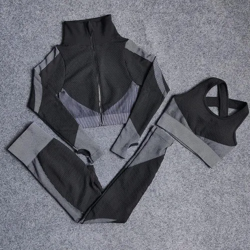 Vista 7 de Conjunto de entrenamiento sin costuras de 3 piezas para mujer, ropa deportiva de fitness, escuela, correr, yoga, ropa deportiva