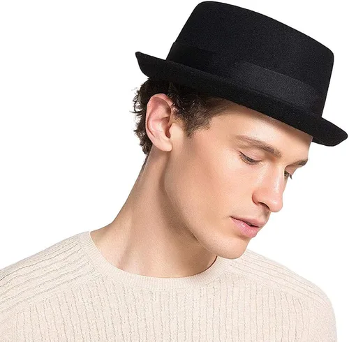 Vista 3 de F FADVES Sombrero de pastel de cerdo 100 fieltro de lana para hombre sombrero de cerdo que rompe malo parte superior plana para hombre Fedora Negro