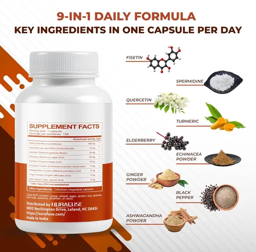 Vista 3 de Suplemento de fisetina, 9 ingredientes botánicos con espermidina, quercetina, antioxidante, función cognitiva y apoyo al envejecimiento saludable*