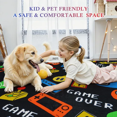 Vista 5 de STARUIA Alfombra negra con video gamer para habitación de niños, pequeña alfombra lavable de 3 x 5 pies para dormitorio de niños, alfombra suave