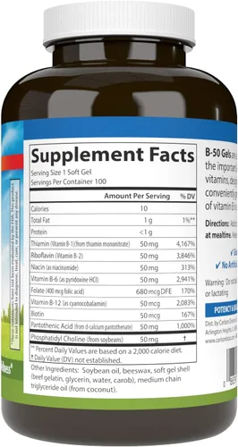 Vista 2 de Carlson B-50 Gels, Complejo de Vitamina B, Producción de Energía, 100
