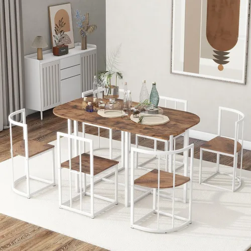 Vista 11 de Quarte Moderno juego de mesa de comedor de 7 piezas con mármol sintético, juego de mesa de cocina de metal compacto, diseño de silla triangular