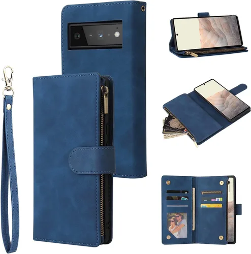 Vista 11 de UEEBAI Funda tipo cartera para Google Pixel 6, Funda de cuero PU Cierre magnético Bolso con cremallera Estuche de bolsillo con cremallera Ranuras
