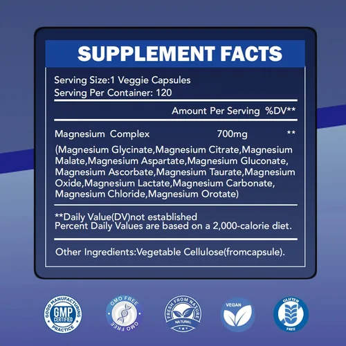Vista 6 de Complejo de magnesio 700 mg 12 en 1 Suplemento de magnesio con glicinato, citrato, malato Sueño, calma, relajación muscular, apoyo para la salud