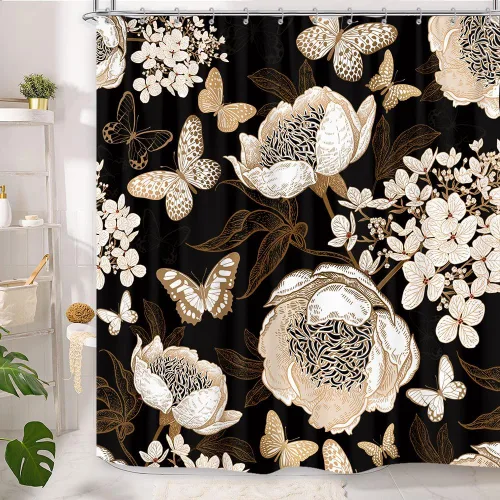 Vista 2 de Cortina de ducha de mariposa floral negra y dorada, cortina de ducha bohemia con diseño botánico de flores oscuras para baño con gancho, juego
