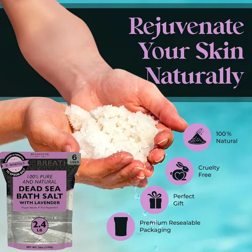 Vista 4 de Aromasong Sal pura del mar muerto para remojar con lavanda 100% natural, 2.43 libras, sal de baño de spa de grano fino, exfoliante de lavado