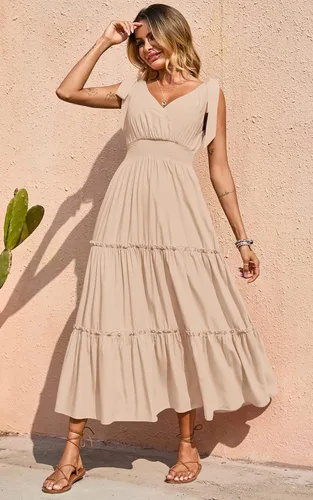 Vista 3 de Prettygarden Vestido largo de verano, con cuello cruzado, para mujer, sin mangas, escalonado, con tirantes fruncidos, para la playa, vestido largo