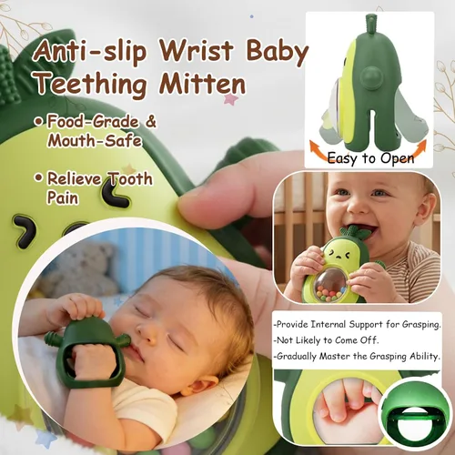 Vista 3 de Sonajero del bebé Juguetes de dentición de silicona Aguacate Mitten Baby Juguetes sensoriales para agarrar, masticar, chupar, necesidades auditivas