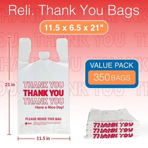 Vista 2 de Reli. Bolsas de plástico "Thank You" (350 unidades) (11.5" x 6.5" x 21") (Blanco) - Bolsa para comestibles, compras, restaurantes, tienda