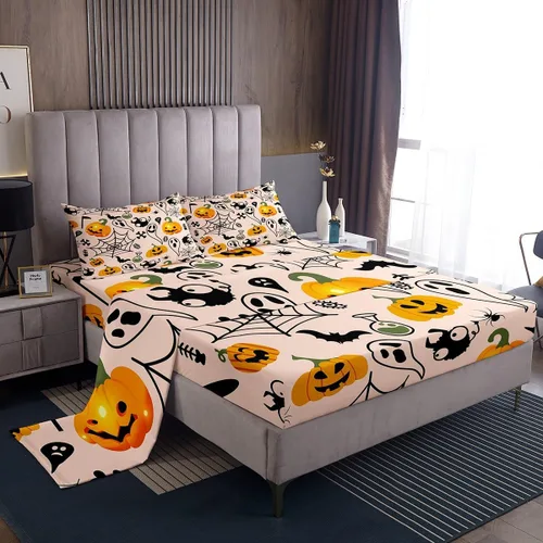 Vista 9 de Erosebridal Sábanas de Halloween para niños y niñas, juego de sábanas espeluznantes de dibujos animados, tamaño individual, juego de ropa de cama