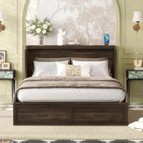 Vista 4 de Cama Murphy de Cofre de Granja Completa con Cajones de Almacenamiento y Estación de Carga, Armario Cama Murphy Rústica de Madera Plegable Oculta
