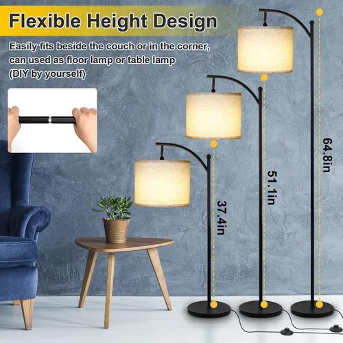 Vista 3 de LALISU Lámpara de pie moderna, lámpara de pie ajustable de 3 formas con pantalla de lino, altura ajustable, interruptor de pie, lámpara de lectura